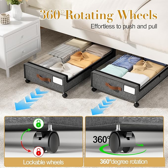 Yecaye Under Bed Storage with Wheels, 4 Pack Under the Bed Storage Containers with Lids & Label, XXL 60L Rolling Underbed Storage Drawers for Clothes, Blankets, Shoes, Hemp Gray