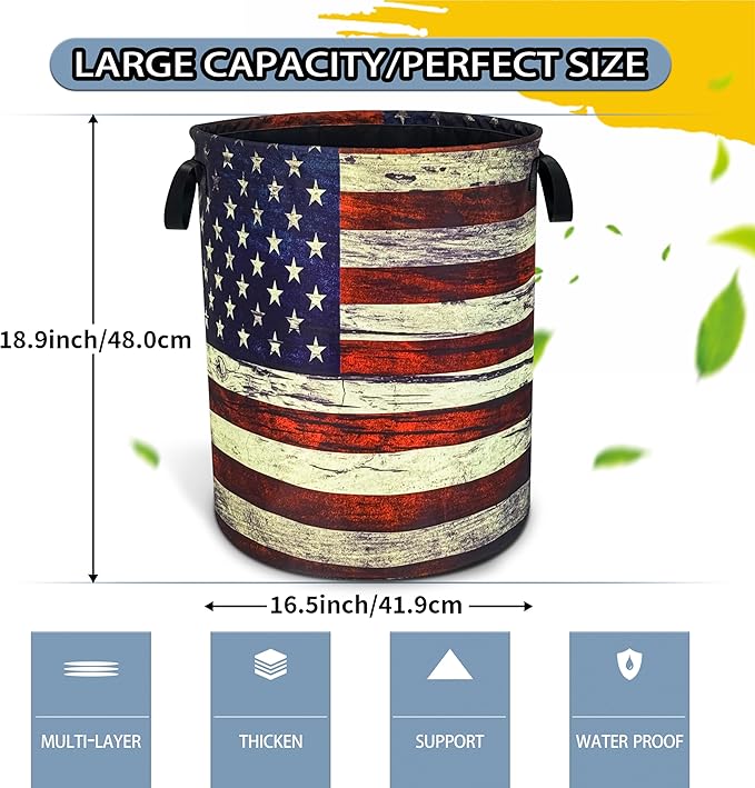 Retro American Flag Laundry Basket Patriotic Foldable Oxford Cloth Funny Tote Bag Laundry Hamper Clothes Storage Bucket Toy Organizer For Bathroom/Laundry Storage/Bedroom 18.9x16.5 Inch