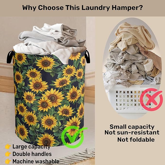 Sunflower Laundry Basket with Handles - Extra Large Foldable Hamper for Bathroom/Laundry/Bedroom/Dorm, Washable Fabric Storage Bin