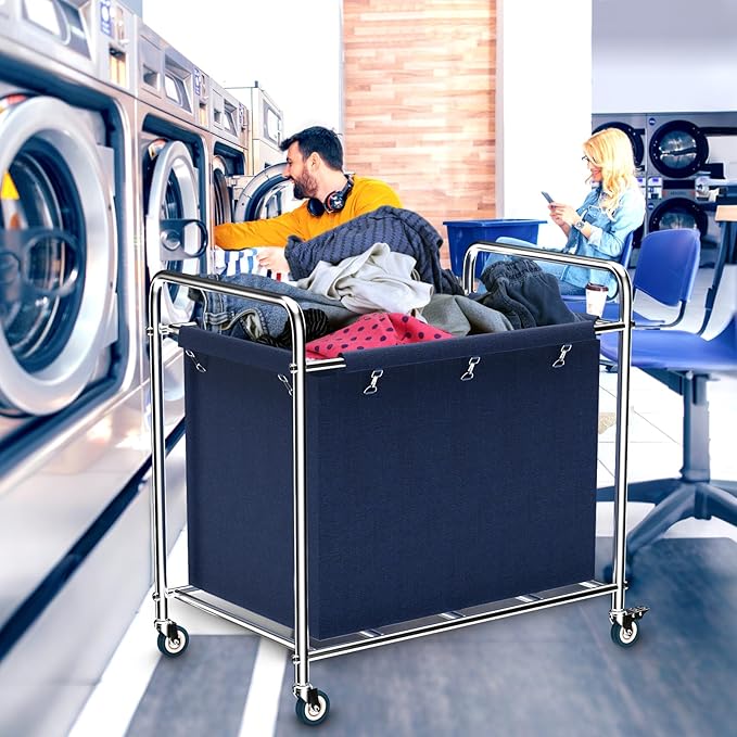 Commercial Laundry Cart with Wheels, 440 lbs Heavy Duty Industrial Laundry Cart with Sturdy Frame and Oxford Bag for Home Hotel Hospital, Rolling Laundry Cart for Home & Hotel, 400L(Blue)