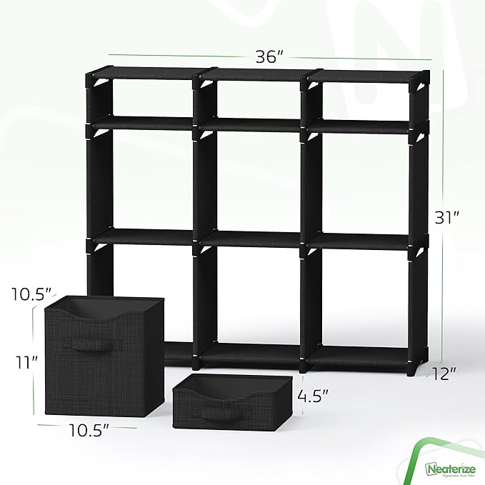 9 Cube Storage Organizer With Bins Included - Closet Storage With 9 Storage Bins - Easy To Assemble Storage Unit With Drawers - Closet Organization For Clothes, Bedroom, Nursery, & Toys (Black)