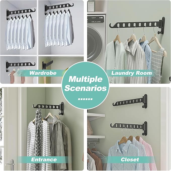 Wall Mounted Clothes Hanger with Swing Arm - 8-Hole Laundry Drying Rack | 180° Rotation & Space Saving for Laundry Room, Closet | Sturdy Hanging Bar | Solid Aluminium(2-Pack, Black)