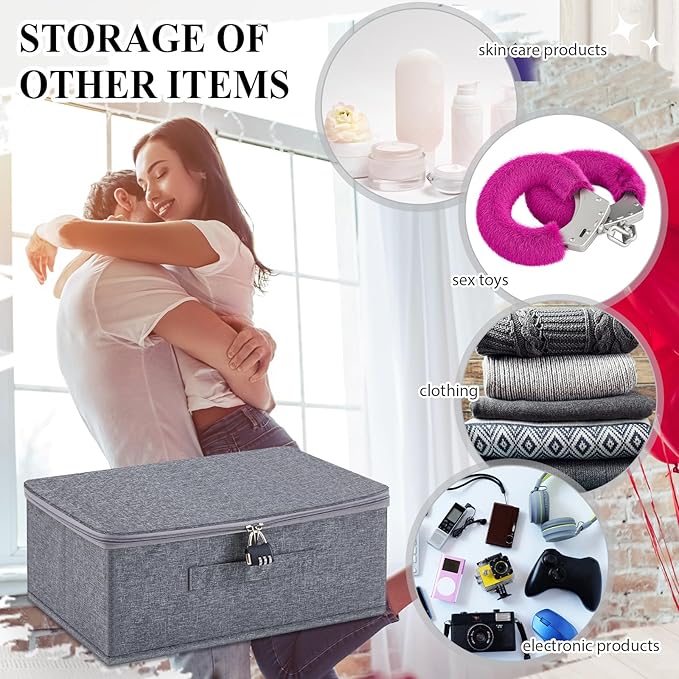 Discreet Lockable Toy Bag Storage Organizer Toy Bag Storage Bins Case with Zipper Lid for Women and Men Clothes Container(Gray,15 x 10 x 6.3 Inch)