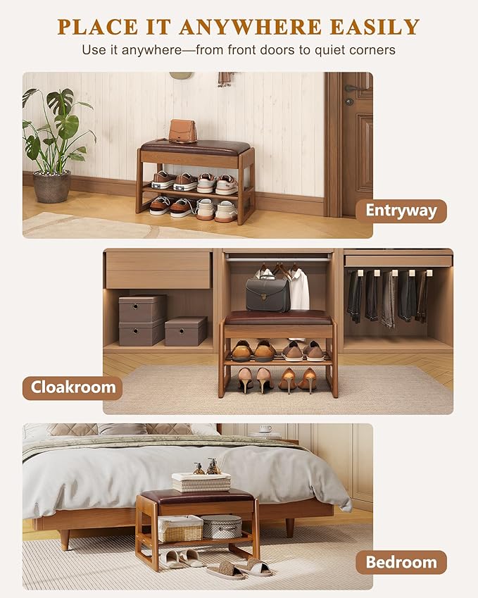 Shoe Rack Bench Seat Rubberwood 2-Tier Wooden Storage Bench 550lbs Compact Mid-Century Modern Design for Entryway, Hallway, Closet, Front Door Entrance, Foyer