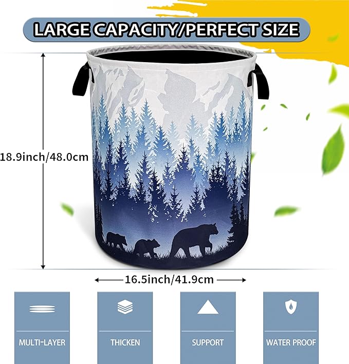 Mama Bear Laundry Basket Forest Mountains Foldable Oxford Cloth Funny Tote Bag Laundry Hamper Clothes Storage Bucket Toy Organizer For Bathroom/Laundry Storage/Bedroom 18.9x16.5 Inch