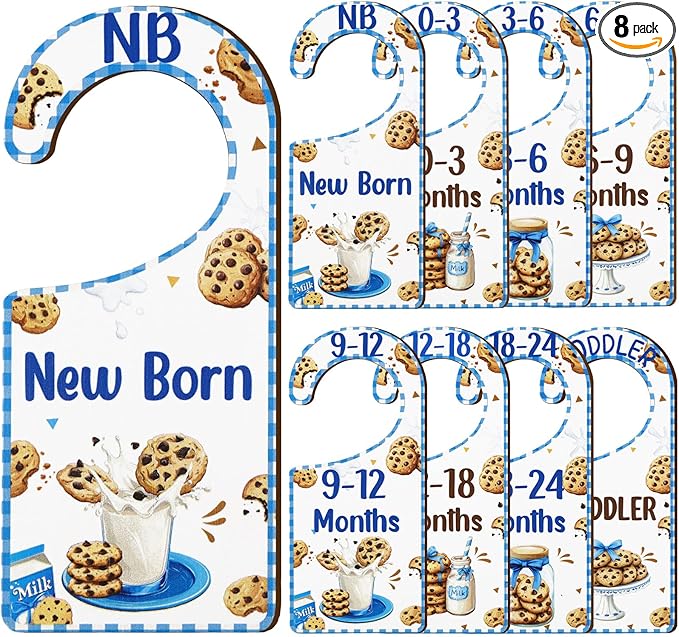 Baby Closet Dividers 8PCS, Milk and Cookies Themed Wooden Double-Sided Clothes Size Hanger/Organizer from Newborn to Toddler for Nursery Decor Baby Shower Birthday Gender Reveal Party Gift