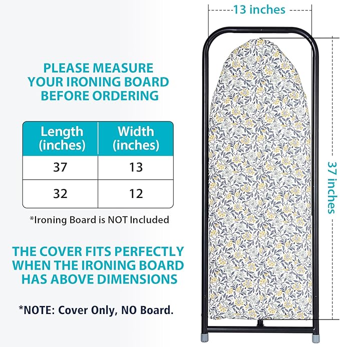 Seiritex Over The Door Ironing Board Cover 13 x 37 inch, Small Ironing Board Cover w Heat Reflective 3 Layers Thick Padding with Hook and Loop Fasteners (Flora)
