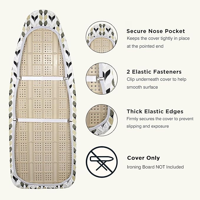 Ironing Board Cover and Pad 18"x49" Extra Thick Natural Cotton, Scorch and Stain Resistant Iron Board Cover, Wide Ironing Board Cover with Fasteners Heavy Duty Heatproof Elastic Edge Foliage