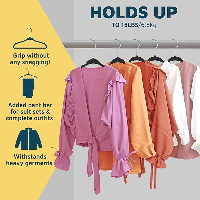 Black Velvet Kids Hangers 30 Pack, 10.83" Non-Slip Baby & Toddler Hangers for Clothes, Space-Saving Slim ABS Plastic with 360° Swivel Hook & Notched Shoulders, Up to 10 lb Capacity