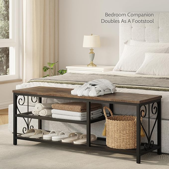 Entryway Storage Bench with Shoe Rack, 47.2" Wide Hallway Bench with Seating, Rustic Wood Top & Metal Frame, 2-Tier Shoe Organizer for Entryway, Bedroom, or Living Room, Brown