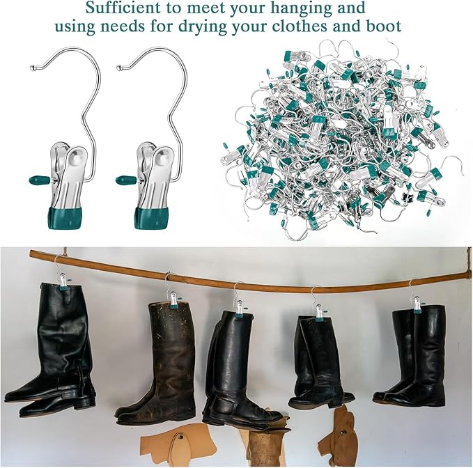 Yinder 150 Pcs Boot Hangers Clips Laundry Hooks Hanging Stainless Steel Clothes Pins Portable Clip Hangers for Closet Travel Socks Pants Handbags Hats Towels (Blackish Green)
