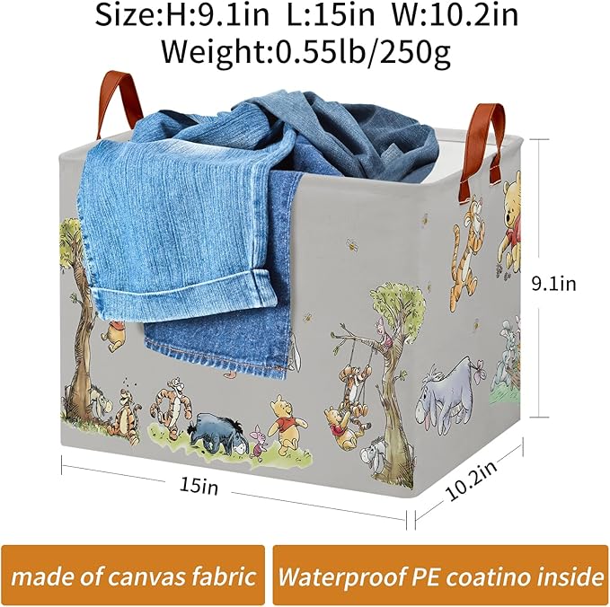 Cute Bear Nursery Storage Basket With Hard Bottom,Classic Bear Decorative Storage Hamper With Waterproof PE Coating,Large Square Canvas Cotton Laundry Bin for Baby Stuff,Diaper Bag