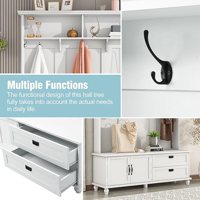 80.3" Tall Hall Tree with Storage Cabinet and 2 Large Drawers, Modern Wooden Coat Hanger with 5 Coat Hooks and 2 Open Shelfs, Storage Bench, Entryway Bench