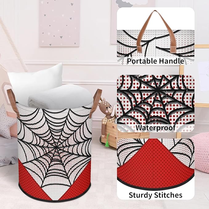 Large Laundry Hamper Basket White Spider Web Round Collapsible Storage Organizer Bin for Kids Room, Boys, Nursery, Closet, Bedroom, Playroom, Toys, Dirty Clothes, 16"W x 20"H