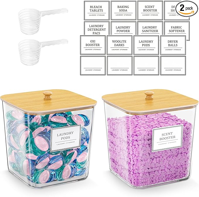2 Pack Laundry Pods Container,Laundry Room Organization and Storage Containers with Wooden Lids & Labels Large Laundry Detergent Container for Powder,Scent Booster,Pods,Dryer Ball