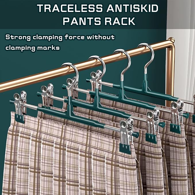 50PACK Pants Hangers with Clips Adjustable Skirt Hangers for Women Metal Non-Slip Trousers Hanger Heavy Duty Space Saving Clothes Hanger for Shorts,Jeans,12Inch,Green