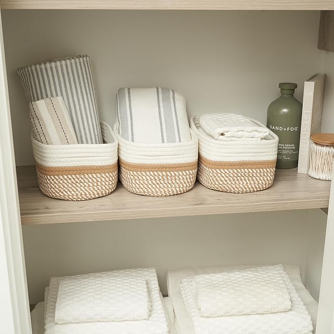 Beautiful Storage Basket Set of 3 - Sturdy Cotton Rope Baskets for Shelves Are Perfect for Organizing Your Home - Quality Storage Bins Easily Fit With Any Nursery or Bedroom Decor