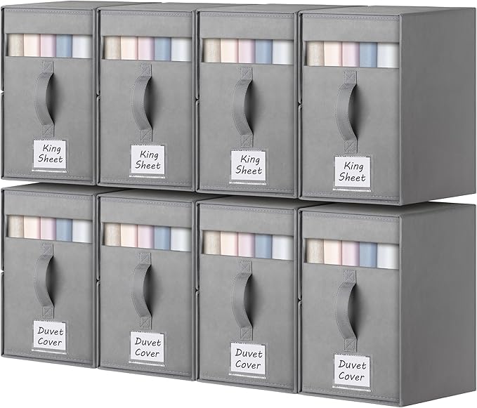 8 Pack Large Bed Sheet Organizers and Storage, (King & Queen Size) Sheet Organizer for Linen Closet, Foldable Bedding Storage Box with Window for Bedsheets, Blanket, Duvet Cover and Pillowcase