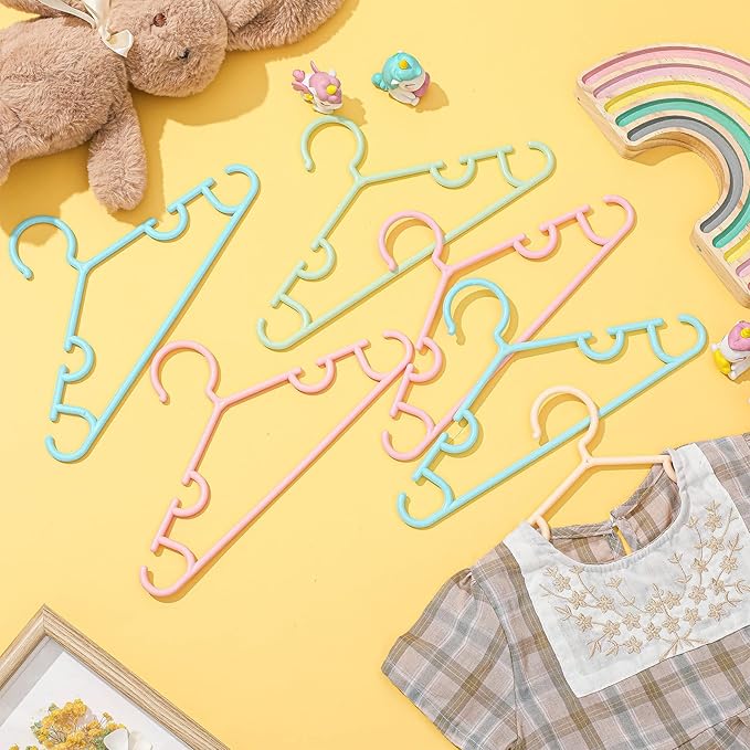 Hsei 40 Pack Pastel Color Kids Nursery Hangers Plastic Baby Hangers Heavy Duty Toddler Hanger for Pants, Coat, Skirts, Closet, Nursery Decor(Pink Yellow Blue Green Color)