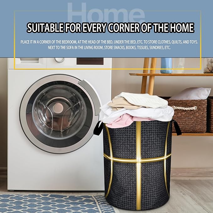 Black And Gold Basketball Laundry Basket Foldable Oxford Cloth Funny Tote Bag Laundry Hamper Clothes Storage Bucket Toy Organizer For Bathroom/Laundry Storage/Bedroom 18.9x16.5 Inch