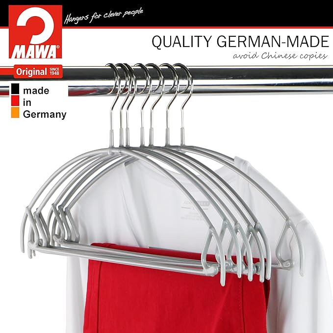 Mawa by Reston Lloyd Euro Ultra Light/Thin Series, Non-Slip Space Saving Clothes Hanger with Bar & Hook for Pants and Skirts, Style 42/PTU, Set of 130, Silver