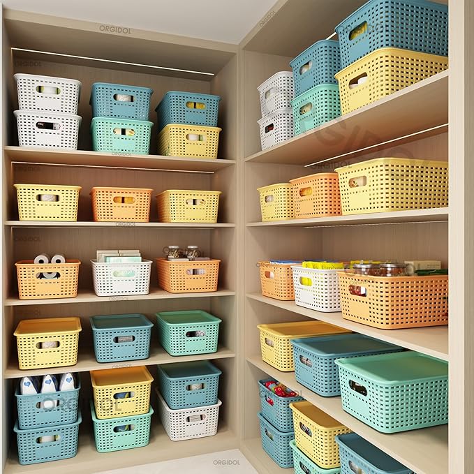 Plastic Storage Basket with Lids 10 Pack Stackable Colorful Storage Bins Containers with Lid, Decorative Storage Boxes for Organizing Shelves, Drawers, Playroom, Classroom, Office, Closet