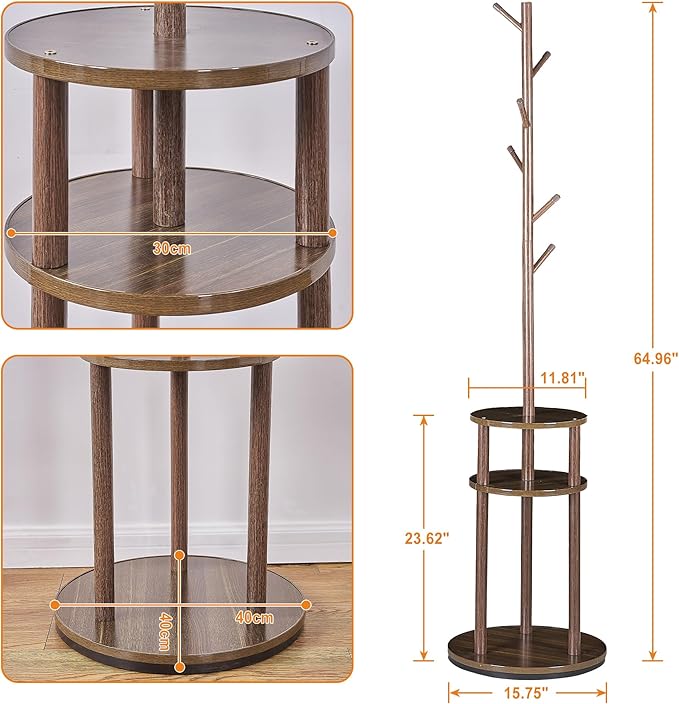 VECELO Coat Rack Freestanding, Entryway Hanger Stand, Umbrella Holder, Hall Tree With Hooks, Floor Standing Metal Tree Stand,Walnut, Medium-sized