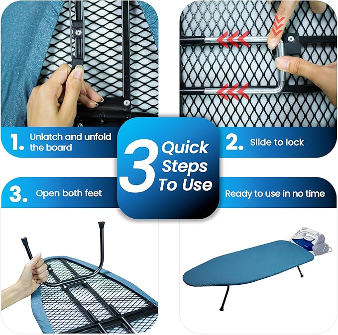 Metal Mesh Panel Tabletop Ironing Board | Foldable Iron Board | Heavy Duty Small Iron Board with Heat Resistant Cover and 100% Cotton 8mm Thicken Pad (Blue)