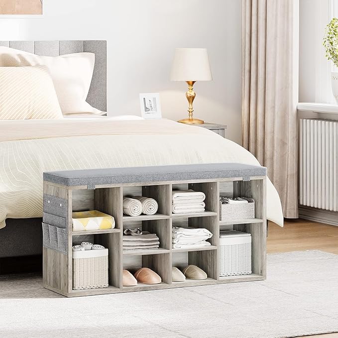 IDEALHOUSE Shoe Storage Bench with Cushion, 10 Cubbies Storage Rack Bench with Padded Seat, 41" Cubby Seat Shoe Cabinet with Adjustable Shelf for Entryway Hallway Living Room, Grey