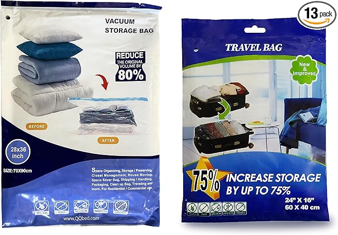 13 Combo Pack Vacuum Storage Bags (9 Large Size 36"X28" and 4 Travel Bags Size 24"X16") for Storage Organization