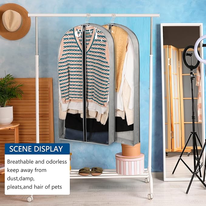 3 Pack 40" Garment Bags for Hanging Clothes Storage, Clear Suits Covers with 4" Gussets for Closet Storage Travel, Plastic Protector for Coat, Jacket, Sweater, Shirts