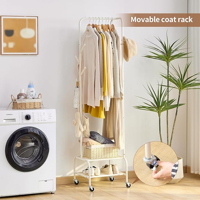 FILWH Rolling Coat Rack with Storage Shelf Freestanding Coat Rack Hall Tree with 6 Hooks for Entryway, Bedroom Metal Clothes Hanger Stand for Hats, Jackets, Bags,Shoes (White, Double-layer)