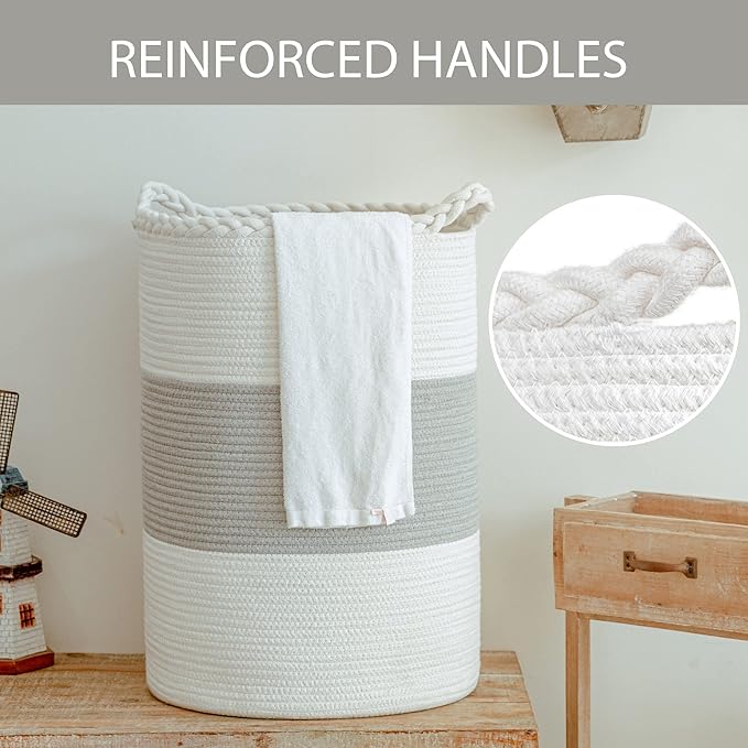 72L Woven Laundry Basket,Tall Wicker Laundry Basket for Blankets,Clothes,Pillows,Toys,Shoes Large Cotton Laundry Hamper for Bedroom,Living Room,Bathroom