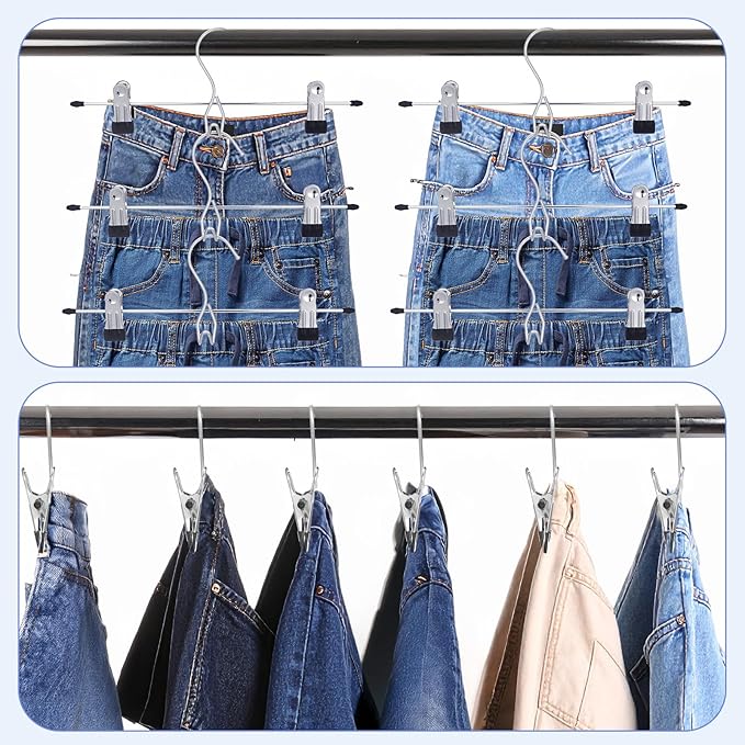 24PCS Skirt Pants Hangers with Clips Space Saving Stackable Hanging Closet Organizer Heavy Duty Adjustable Clothes Storage College Dorm Room Supplies Decor for Shorts Jean Towel Trouser Sock