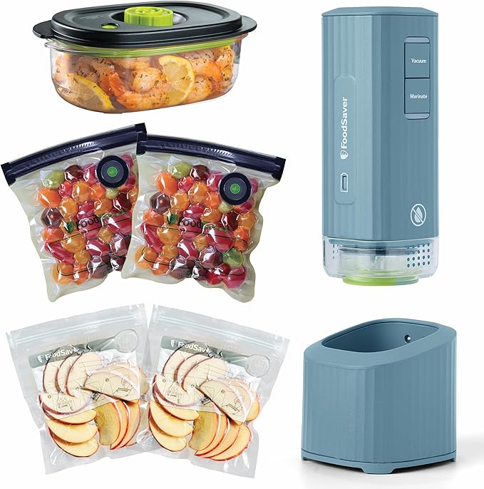 FoodSaver Mini Handheld Vacuum Sealer Machine with Marinate Setting & Charging Dock | Cordless Food Vacuum Sealer for Freezer, Storage, Sous Vide, Meal Prep | Blue