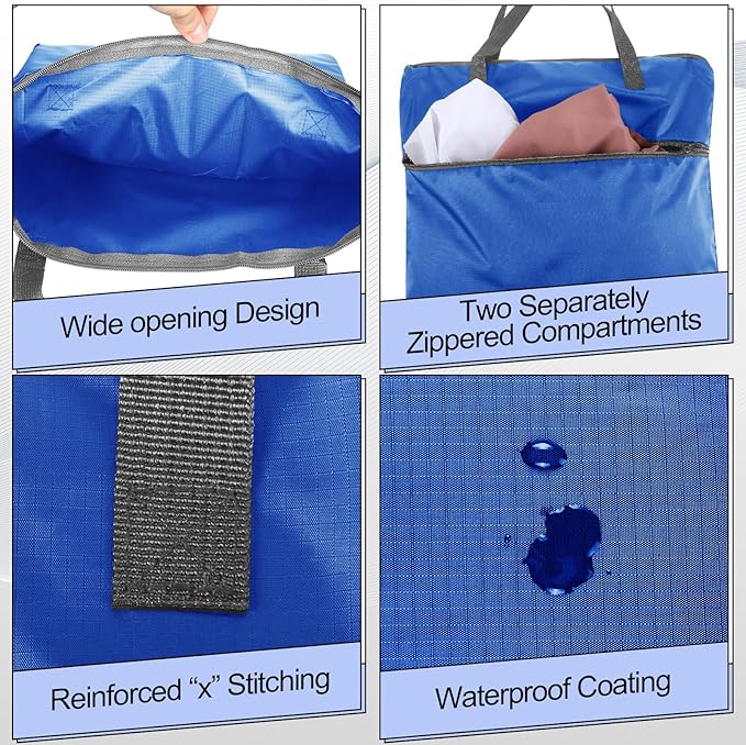 2 Pcs Travel Laundry Bags Waterproof with Handle Dirty Clothes Bag for Traveling Hanging Laundry Hamper with Two Zippered Pockets Washable Reusable for Sports Home Travel College Dorm (Blue)