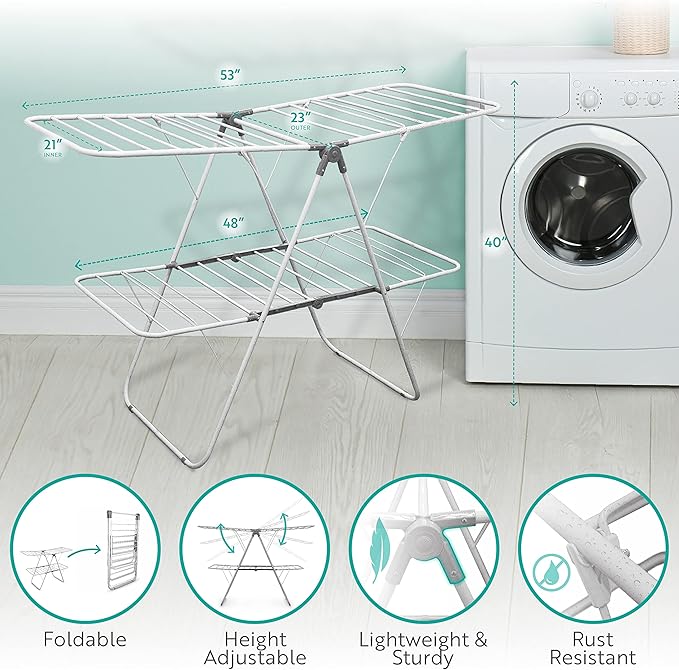 BROOKSTONE – Extra Large – Double Spaced - 2 Tier Collapsible Clothes Drying Rack, Indoor/Outdoor Folding Hanging Garment Stand [NO Assembly - Ready Out of The Box]