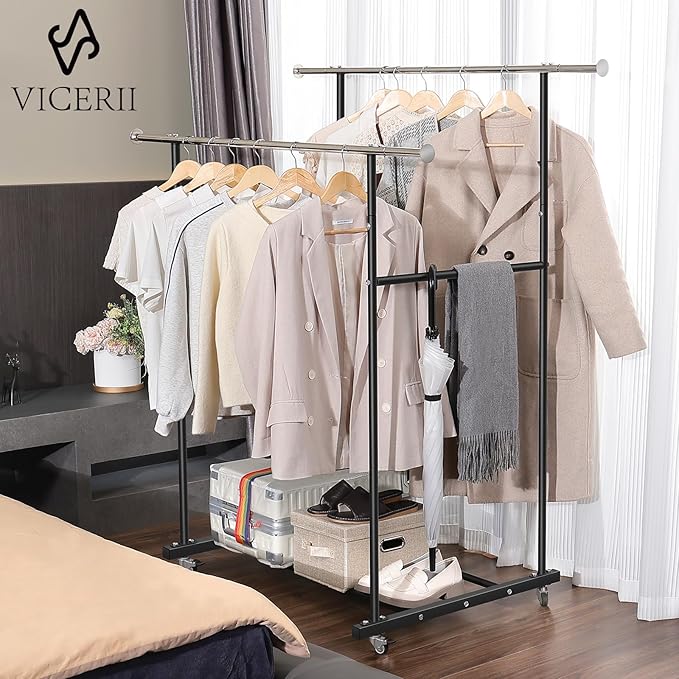 Clothes Rack, Double Clothing Rack with Wheels and Extra Wide Bottom Shelf, 52.36’’ Heavy Duty Garment Racks for Hanging Clothes, Coats, Shirts, Skirts, Dresses, 130LB Capacity, Black