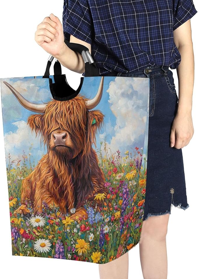 xigua Highland Cow Large Laundry Hamper with Handle, Foldable Clothes Hamper Collapsible Storage Basket for Toys and Clothes Organization in Bedroom, Bathroom, and Laundry Room