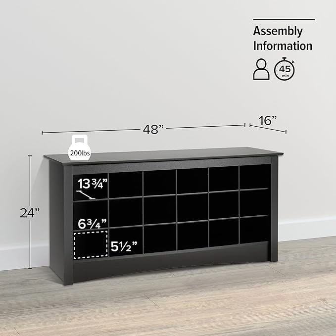 Prepac Black Shoe Cabinet, Entryway Bench, Mud Room Organization and Storage Bench with 18 Shoe Cubbies 16"D x 48"W x 24"H