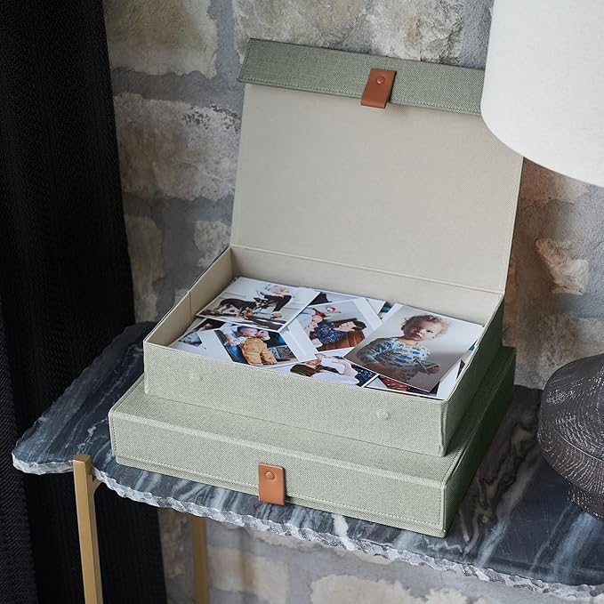 ZICOTO Decorative Photo Storage Boxes with Lids - Set of 2 Beautiful Linen Organizers Are Perfect to Safely Store Your Pictures, Documents, Scrapbooking Supplies, Keepsakes and Other Memories in Style