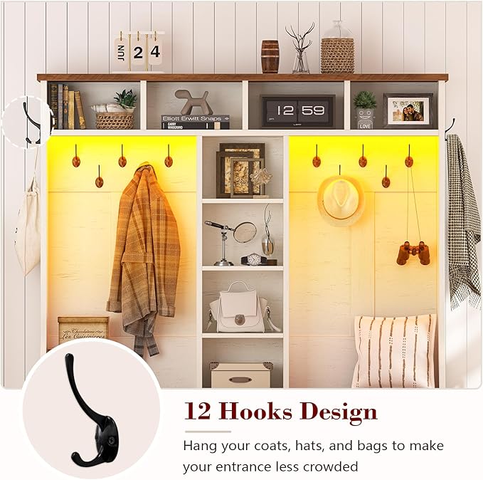 Hall Tree with Bench and Shoe Storage, Farmhouse Entryway Bench with Coat Racks and Led Lights, Large Hall Tree with 12 Coat Hooks, 8 Storage Cubbies, Adjustable Shelf