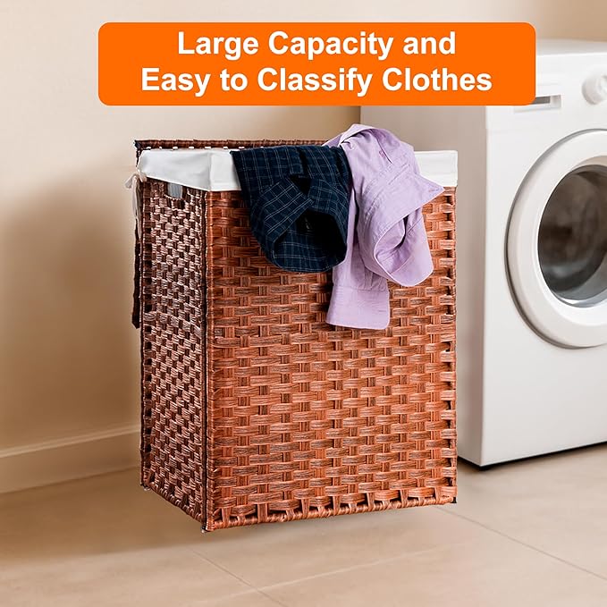 HYCHIKA Laundry Hamper with Lid, 26.4 Gallon (100 L) Wicker Laundry Basket with Removable Bags, Woven Clothes Basket for Bedroom, Bathroom (18.3" * 13.5" * 24")
