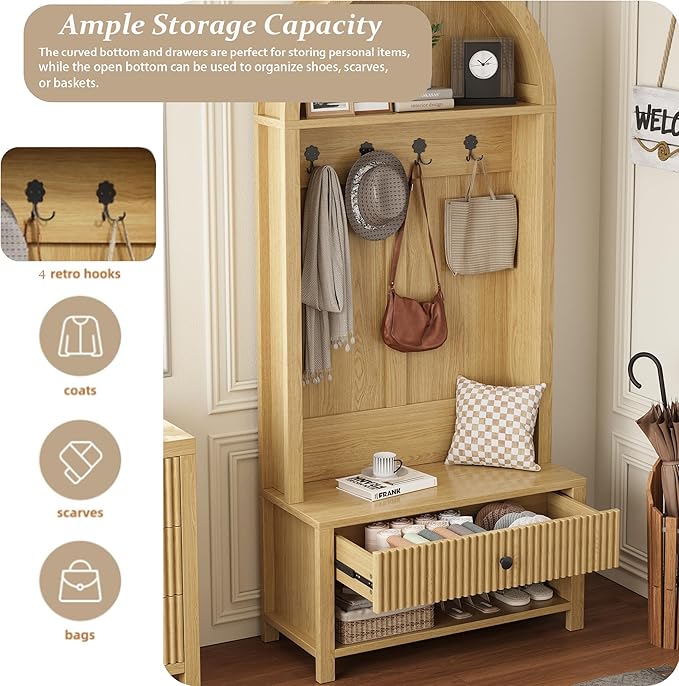 70.86-inch Entryway Hall Tree, Farmhouse-Style Wooden Coat Rack Freestanding, Entryway Organizer with Four Hooks, Standing Shoe Rack with Bench for Hallways, Foyers, and Living Rooms, Natural