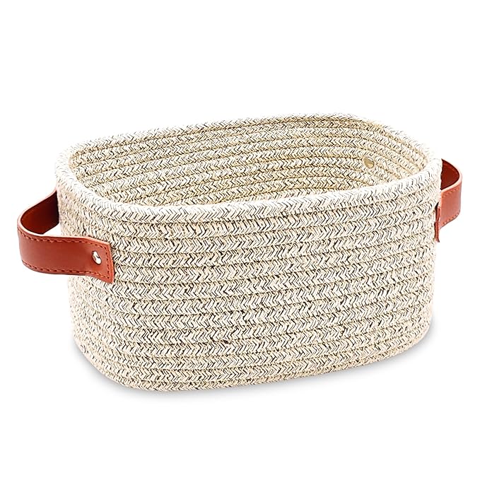 ABenkle Small Storage Basket, Mini Baskets with Handle, Cute Cotton Woven Baskets for Shelves, Boho Decorative Toy Storage Bin for Nursery, Spa, Empty Gift Basket - XS, Mixed Brown