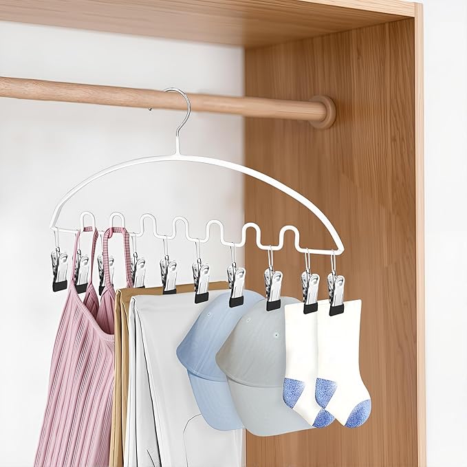 Legging Organizer for Closet,Metal Wave Design Pants Hanger with 10 Clips 7 Hooks, Closet Storage for Pants, Skirts, Hats (White, 2Pack)