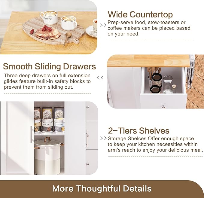 SUNLEI Kitchen Island with Storage Cabinet & Foldable Drop Leaf, Buffet Sideboard Cabinet, Cart Handle for Towel Rack, Drop Leaf, Portable Islands for Kitchen (Stylish White, 39.7-INCH)