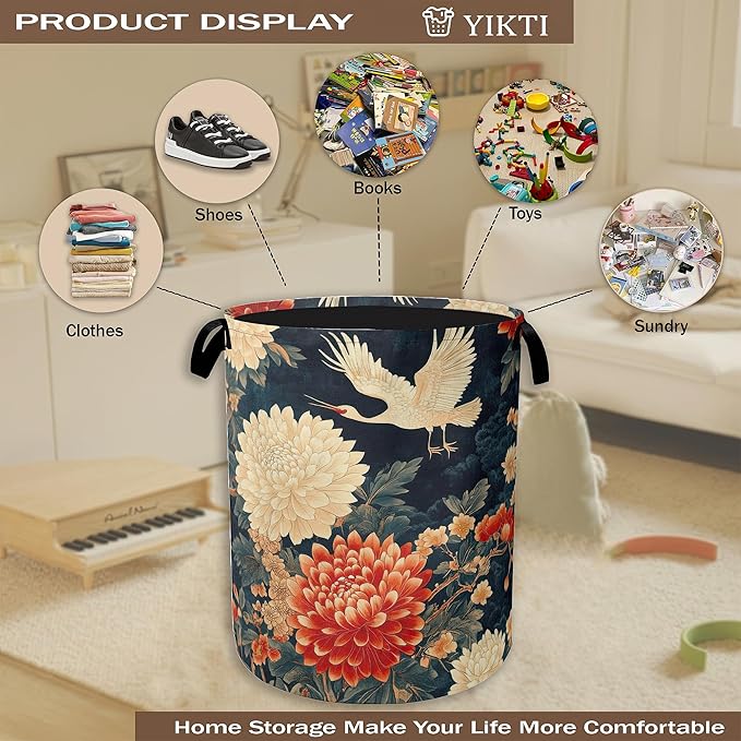 Collapsible Laundry Basket,Retro Crane Dirty Clothes Hamper,Vintage Flowers Hampers for Bedroom Waterproof Oxford Cloth Storage Organizer for Bathroom,Nursery,Dorm,16x20 Inch