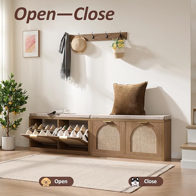 Rattan Narrow Entryway Bench with Shoe Storage, 2 Flip Drawers & Coat Rack, Mid-Century Modern Wood Shoe Cabinet with Seat Cushion for Foyer/Hallway (Rustic Oak Rattan)