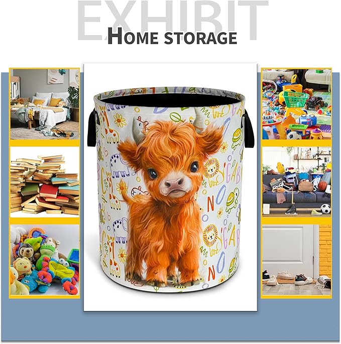 Cute Highland Cow Laundry Basket Calf Foldable Waterproof Oxford Cloth Funny Tote Bag Laundry Hamper Clothes Storage Bucket Toy Organizer For Bathroom/Laundry Storage/Bedroom 18.9x16.5 Inch